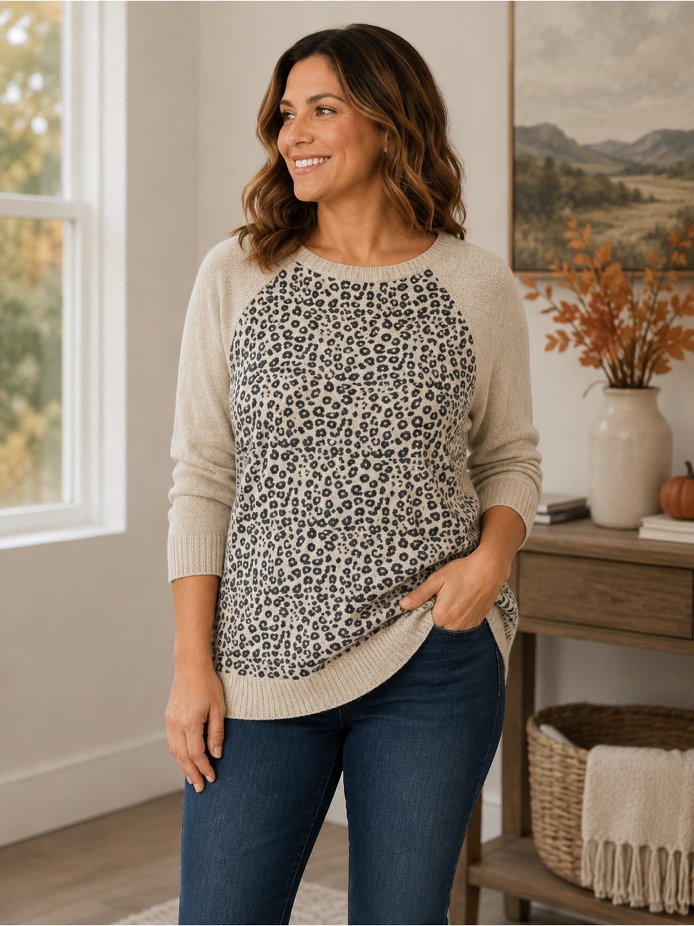 Autumn Cashmere Womens S Leopard Print Sweater 100% Cashmere Beige Gray